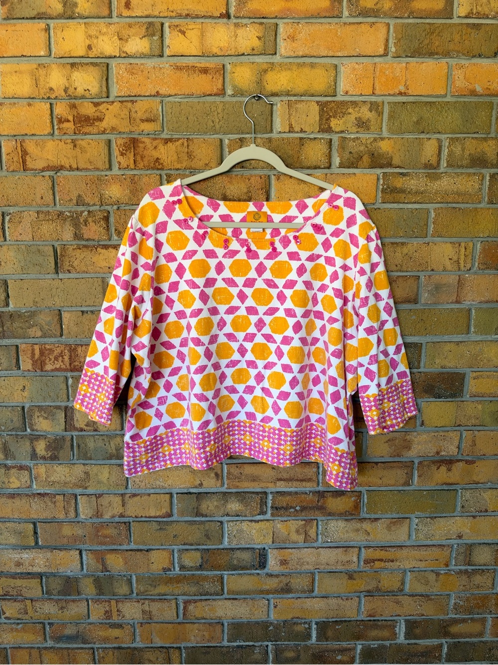 Ruby Rd Womenโs 3X Pink Orange Geometric Print 3/4 Sleeve Tunic Top